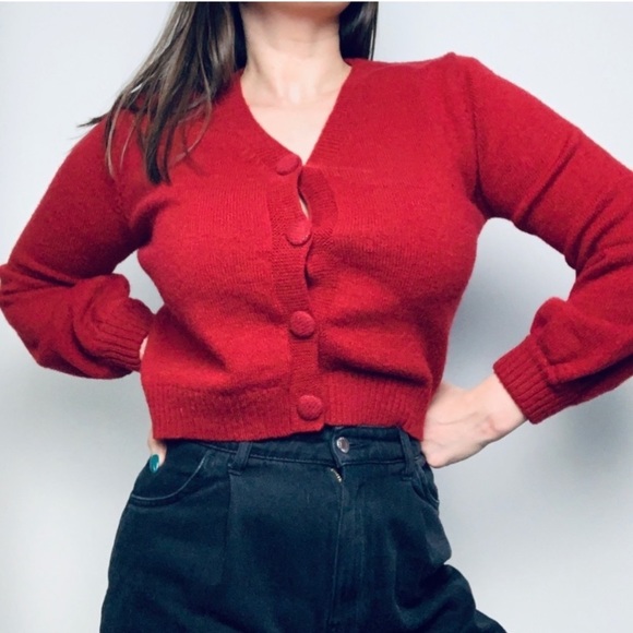 Sweaters - Vintage Cozy Puff Sleeve Cropped Cardigan Button Up Stretch Short Sweater